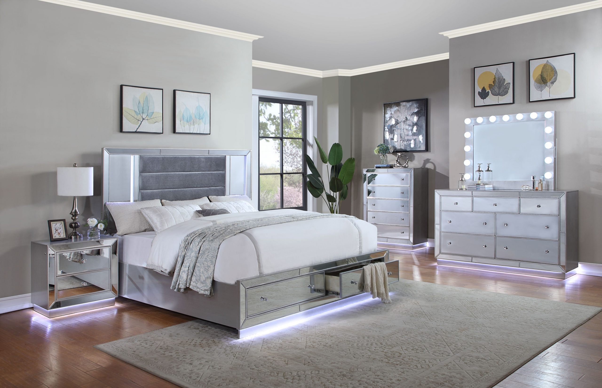 MIRRORED GREY LED + BLUETOOTH MIRRORED DRESSER QUEEN BEDROOM