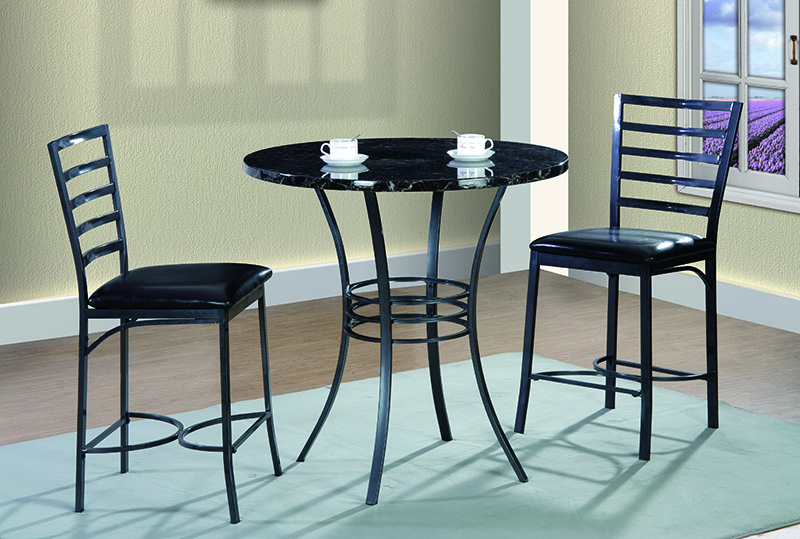 BLACK MARBLE ROUND COUNTER PUB TABLE W/ 2 CHAIRS
