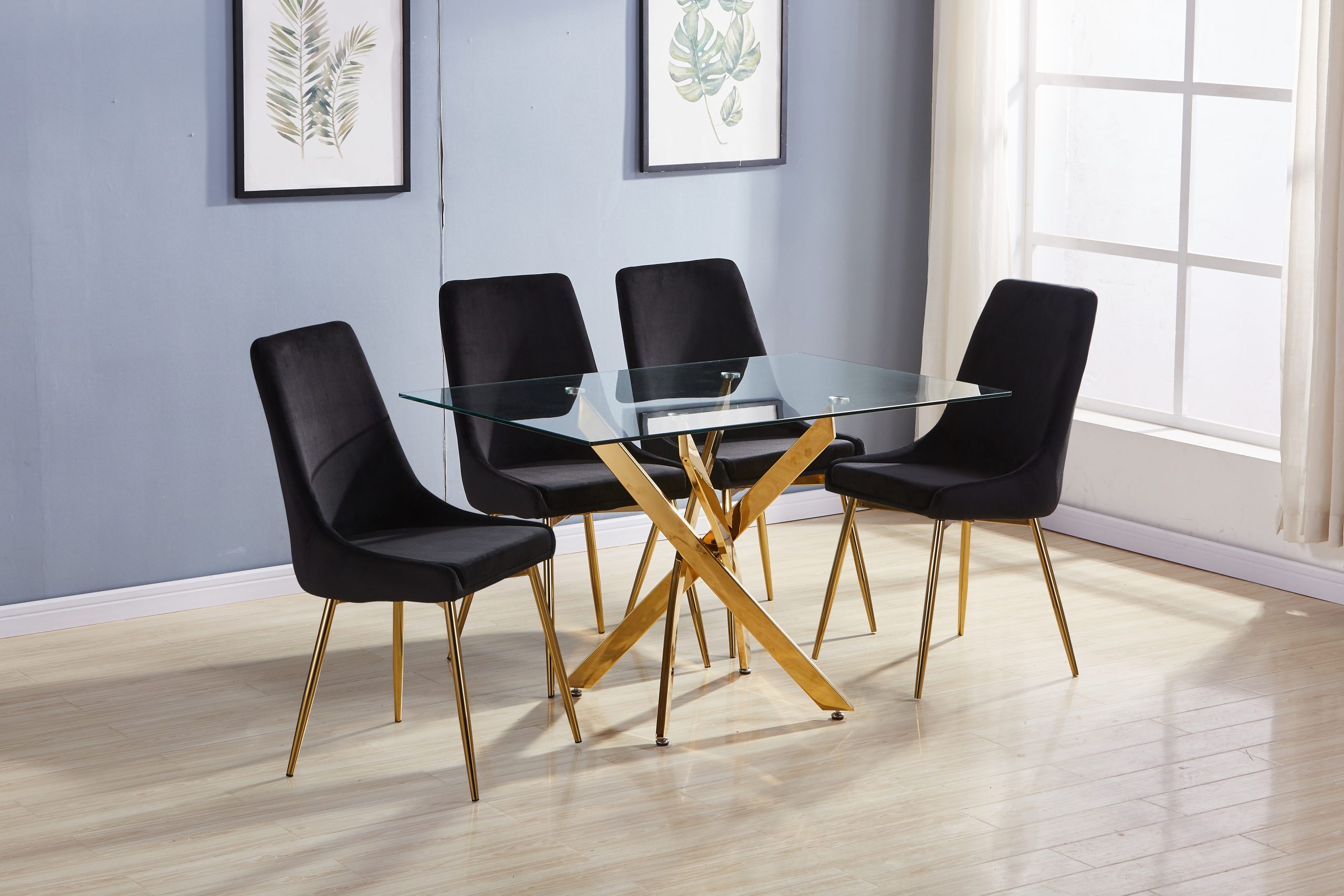 GOLD GLASS TABLE/W 4 GOLD VELVET CHAIRS